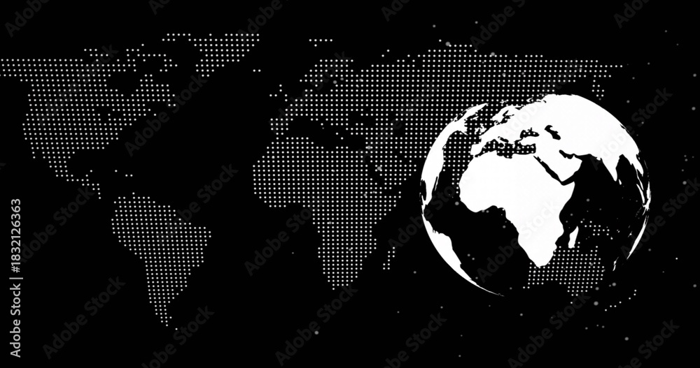 Obraz premium Displaying white globe showing Africa, Europe, hovering right over halftone map, copy space