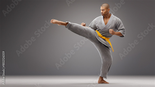 Martial artist performing high kick in controlled pose, demonstrating discipline, focus, precision, strength and traditional athletic practice in minimal studio environment.