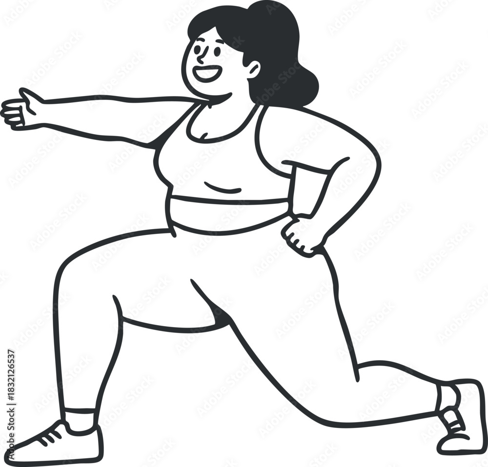 Fototapeta premium A cheerful woman performing a lunge exercise in a black and white outline vector style, suitable for fitness and health projects