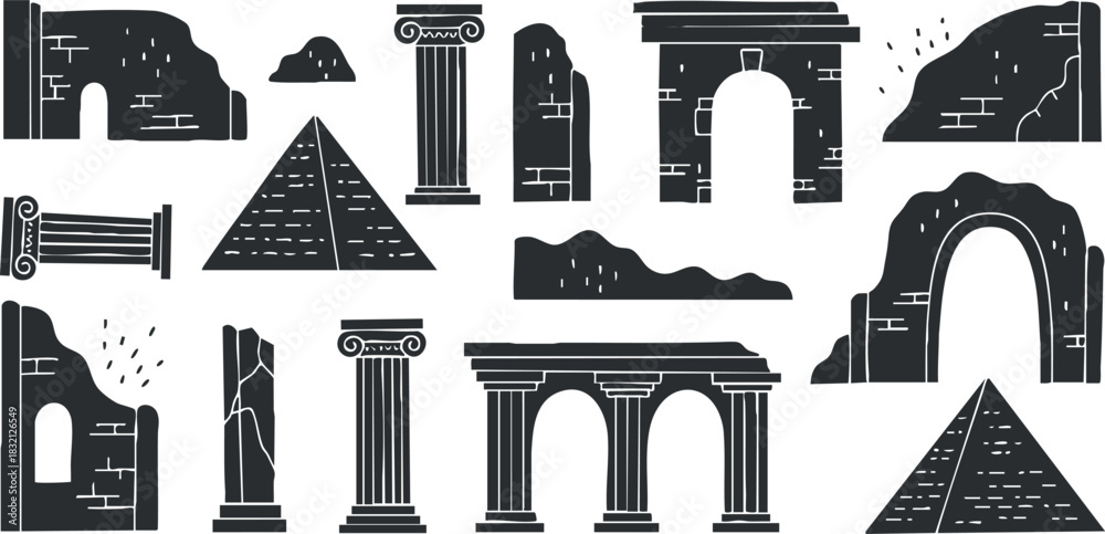 Fototapeta premium A collection of ancient ruins and architectural elements in black and white vector style, perfect for historical design projects