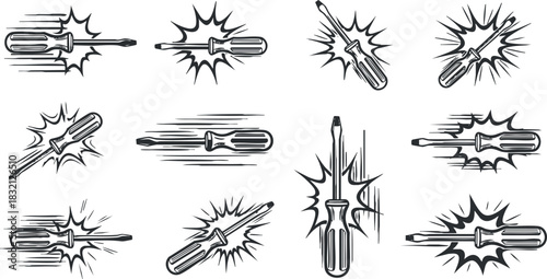 A collection of dynamic screwdriver illustrations in black and white outline style, ideal for DIY and repair projects