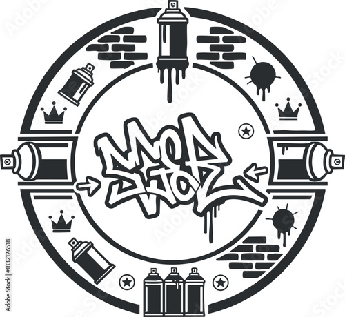 A circular graffiti design featuring spray paint cans and artistic elements in black and white vector style, ideal for urban art projects