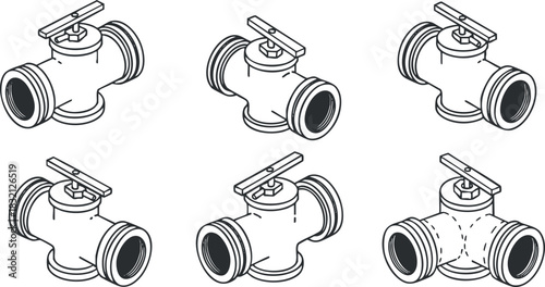 A collection of various plumbing valve designs in clean black and white outline vector style, ideal for engineering and technical illustrations