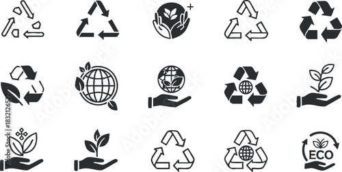 A collection of eco-friendly symbols and icons representing recycling, sustainability, and nature in black and white vector style, suitable for environmental projects and branding