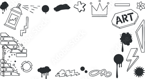 A collection of graffiti-inspired design elements including spray cans, clouds, and abstract shapes in black and white vector style, perfect for urban art projects