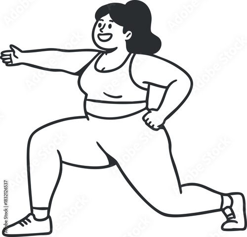 A cheerful woman performing a lunge exercise in a black and white outline vector style, suitable for fitness and health projects