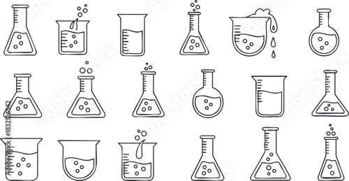 A collection of laboratory glassware icons including beakers, flasks, and test tubes in black and white outline vector style, ideal for educational materials and scientific projects