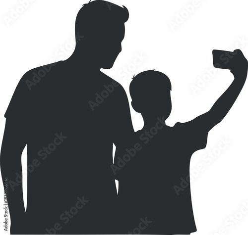 A silhouette of a parent and child taking a selfie together in minimalist vector style, perfect for family and lifestyle projects