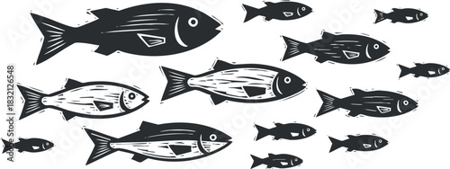 A collection of stylized fish in black and white vector style, perfect for seafood branding and restaurant design