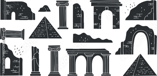 A collection of ancient ruins and architectural elements in black and white vector style, perfect for historical design projects