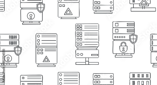 A pattern of server and computer icons with security features in black and white outline vector style, suitable for tech-related projects