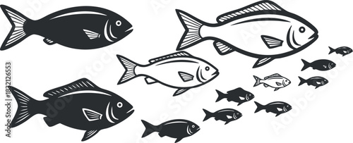 A set of black silhouette fish swimming in a school in minimalist vector style, ideal for marine-themed designs