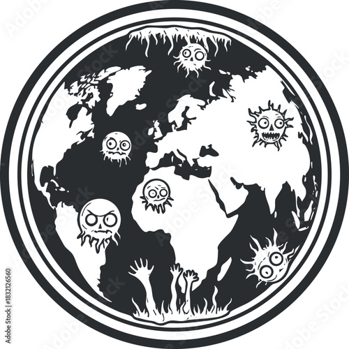 A stylized illustration of the Earth with cartoonish virus characters in black and white vector style, suitable for health and environmental awareness projects
