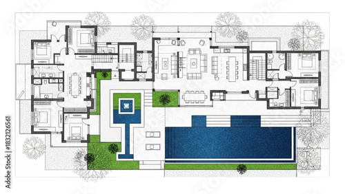 Modern Villa Floor Plan – Black & White Architectural Layout with Courtyard, Pool, Spacious Bedrooms, Open Kitchen Living Design