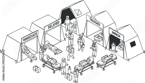 A set of emergency medical tents labeled Immediate, Delayed, Triaged, and Minor in black and white isometric vector style, ideal for healthcare illustrations