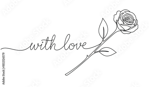 Elegant rose with with love script in minimalist line art style perfect for valentine s day or romantic designs presented in a clean silhouette