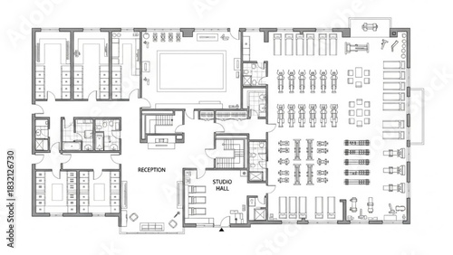 Fitness Center Floor Plan – Black & White Architectural Layout with Cardio Zone, Weightlifting Room, Locker Rooms, Reception & Studio Hall