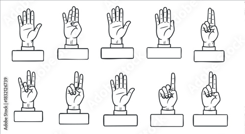 A collection of hand gestures in outline minimalist vector style, suitable for educational materials or sign language resources
