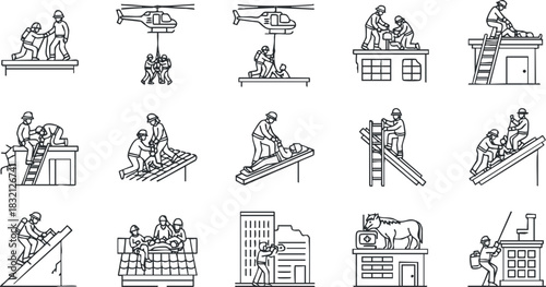 A collection of construction workers in outline vector style, showcasing various tasks such as roofing, building, and teamwork, suitable for industry-related projects