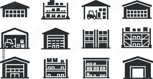 A collection of warehouse icons representing storage buildings, shelving units, and forklifts in flat black vector style, ideal for logistics and inventory management graphics
