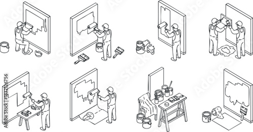 A set of line art illustrations depicting various stages of an artist painting on canvas in minimalist vector style, suitable for creative projects and art-related themes