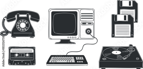 A collection of vintage technology icons including a telephone, computer, floppy disks, cassette tape, keyboard, and turntable in black and white vector style, suitable for retro-themed designs