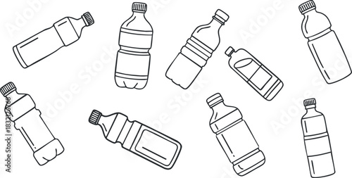 A collection of various plastic water bottles in outline minimalist vector style, suitable for environmental design projects