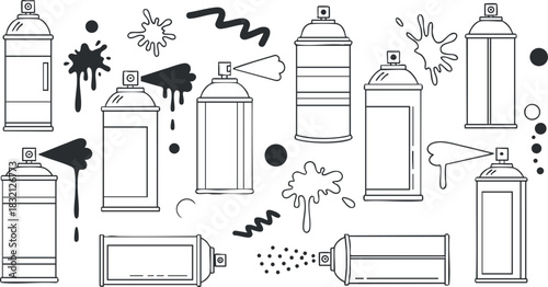 A collection of spray paint cans and artistic splashes in black and white outline vector style, perfect for urban art projects