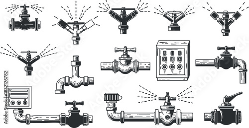 A collection of plumbing and irrigation components including valves, faucets, and sprinklers in black and white vector style, ideal for technical illustrations and plumbing services