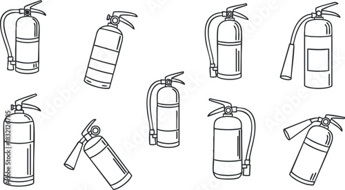 A set of fire extinguishers in simple outline vector style, ideal for safety training and emergency preparedness designs