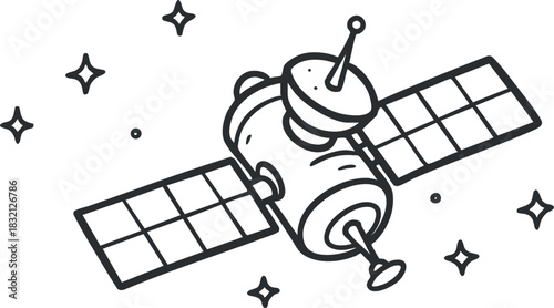 A satellite in black and white outline vector style, suitable for technology and space exploration projects