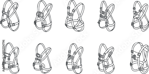 A collection of climbing harnesses in black and white line art vector style, suitable for outdoor adventure and sports gear design