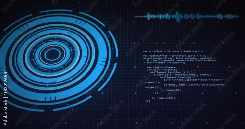 Obraz premium Displaying blue ringed HUD pulsing left on dark grid, code blocks and cyan waveform, copy space