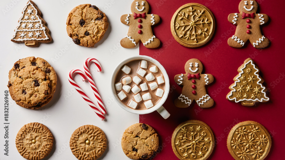 Fototapeta premium Christmas Cookies and Hot Chocolate Flat Lay on Red and White Split Background