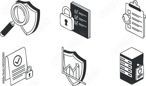 A collection of security and data protection icons in minimalist black and white vector style, suitable for technology and business applications
