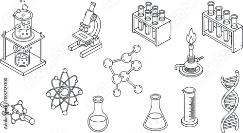 A collection of science laboratory equipment icons in flat outline vector style, perfect for educational materials and scientific designs