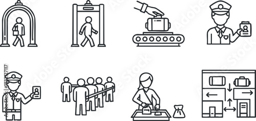 A set of airport security vector icons featuring screening checkpoints, personnel, and luggage inspection in a minimalist style, suitable for travel and safety applications