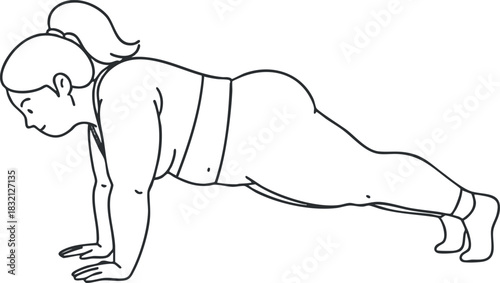 A woman performing a push-up exercise in a minimalist outline vector style, suitable for fitness and wellness projects