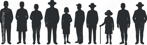 A collection of diverse human silhouettes representing different ages and genders in black and white vector style, ideal for social and community projects