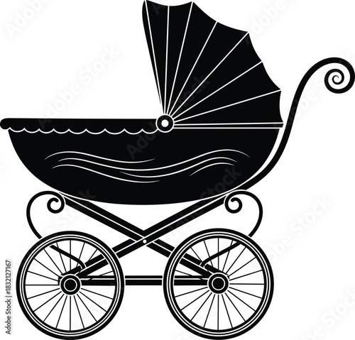 Vintage baby carriage silhouette vector illustration, classic black pram with decorative wheels isolated on white for newborn shower design.