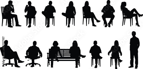 Set of sitting people silhouettes, men and women on chairs, bench and office furniture, vector collection.