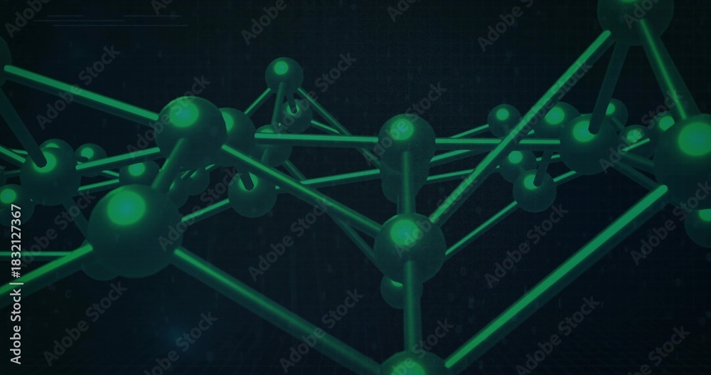 Fototapeta premium Extending 3D network forming lattice in digital studio, showing glossy green spheres, rods, grid