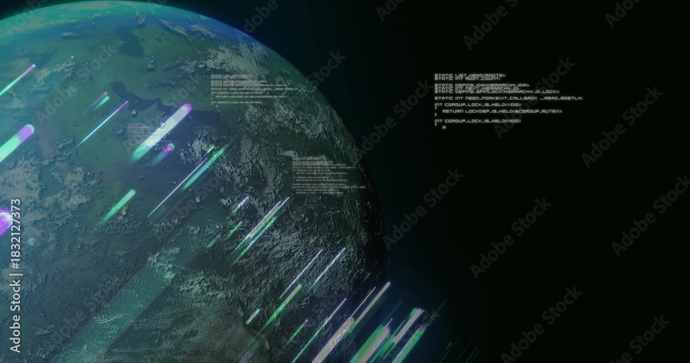 Obraz premium Displaying large Earthlike planet rotating in space, showing colorful streaks and white code