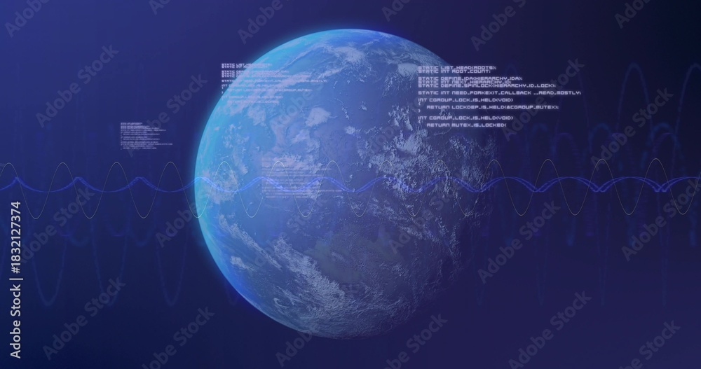 Obraz premium Displaying Planet Earth rotating in outer space, showing sinewave lines, code readouts, grid halo