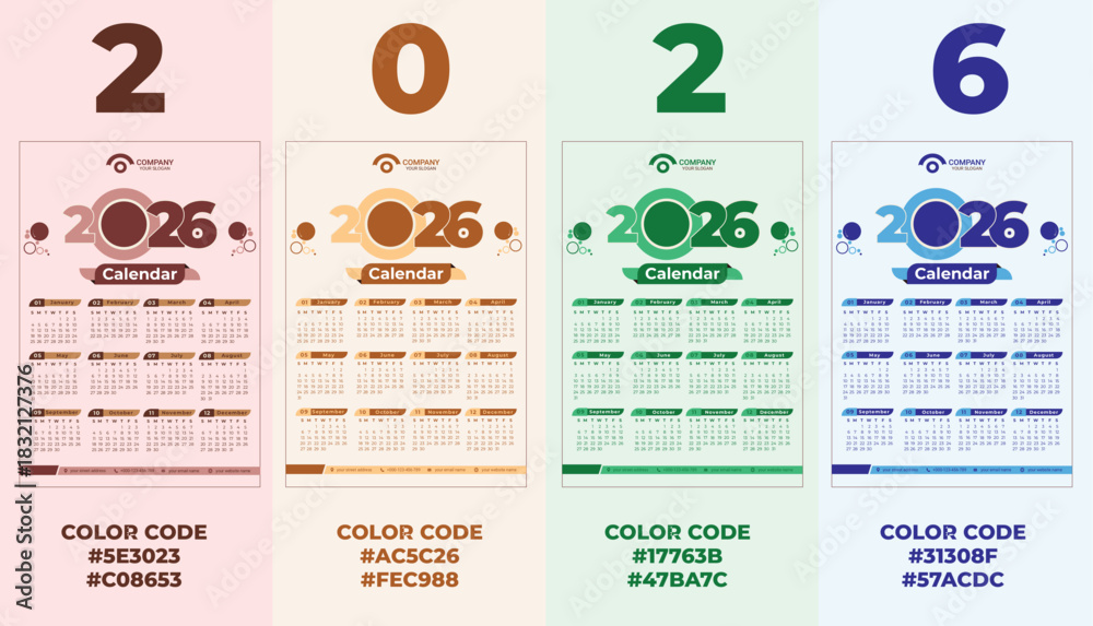 Obraz premium 2026 Calendar Vector Set – Modern Minimal in 4 Color Themes | Printable & Editable Template