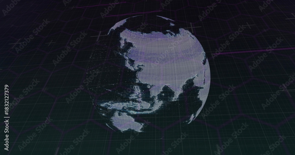 Obraz premium Floating holographic point-cloud globe above dark grid with hexagonal overlay and magenta scanlines
