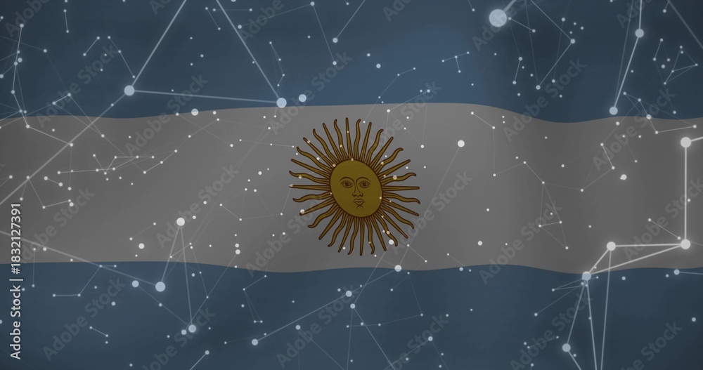 Obraz premium Displaying Argentine flag across dark bluish backdrop, showing golden Sun of May, net overlay