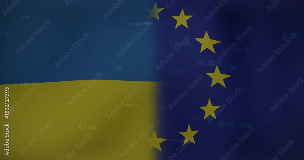 Fototapeta premium Displaying banner merging Ukraine bicolor with EU blue field, showing gold stars, seam, numeric