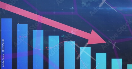 Displaying magenta arrow crossing blue cyan bar chart on dashboard, showing magenta line markers