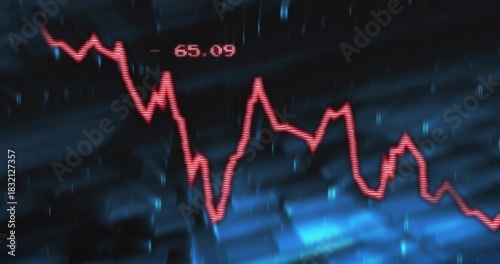 Displaying glowing red jagged line chart tracking decline on blue grid backdrop, showing -65